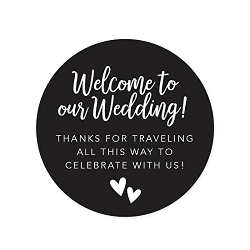 Andaz Press Out of Town Bags Round Circle Gift Labels Stickers, Welcome to Our Wedding Thanks for Traveling to Celebrate with Us, Black, 40-Pack, for Destination OOT Gable Boxes
