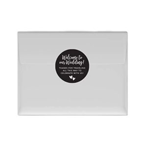 Andaz Press Out of Town Bags Round Circle Gift Labels Stickers, Welcome to Our Wedding Thanks for Traveling to Celebrate with Us, Black, 40-Pack, for Destination OOT Gable Boxes