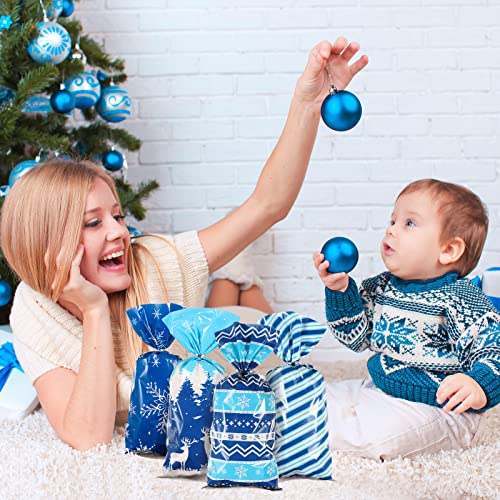 120 Pieces Winter Cellophane Candy Bags Winter Snowflake Plastic Cookie Cello Bags Blue Snowflake Theme Holiday Goodie Treat Bags with 100 Twist Ties for Birthday Baby Shower Party Favor Supplies