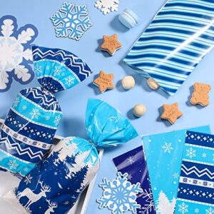 120 Pieces Winter Cellophane Candy Bags Winter Snowflake Plastic Cookie Cello Bags Blue Snowflake Theme Holiday Goodie Treat Bags with 100 Twist Ties for Birthday Baby Shower Party Favor Supplies