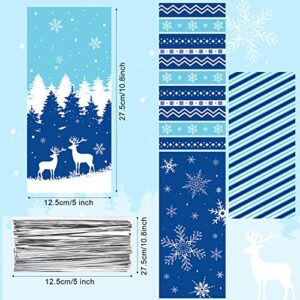 120 Pieces Winter Cellophane Candy Bags Winter Snowflake Plastic Cookie Cello Bags Blue Snowflake Theme Holiday Goodie Treat Bags with 100 Twist Ties for Birthday Baby Shower Party Favor Supplies