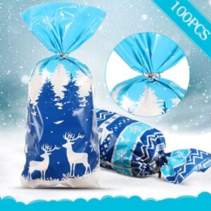 120 Pieces Winter Cellophane Candy Bags Winter Snowflake Plastic Cookie Cello Bags Blue Snowflake Theme Holiday Goodie Treat Bags with 100 Twist Ties for Birthday Baby Shower Party Favor Supplies