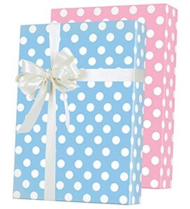 reversible double-sided baby shower pink blue polka dot baby shower wrapping paper -12ft flat sheet (folded) w. gift tags