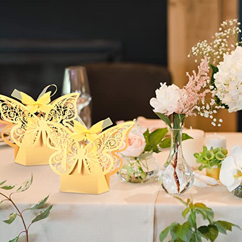 Kesote 50 Pack Butterfly Party Favor Boxes Gold, Small Baby Shower Bridal Shower Wedding Birthday Candy Favor Boxes with Ribbons