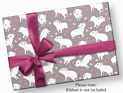 Stesha Party Hearts & Pigs Valentines Day Gift Wrap Paper - Folded Flat 30 x 20 Inch (3 Sheets)