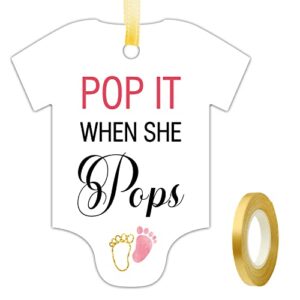 50 pcs pop it when she pops baby shower champagne favor tags, cute pink little feet bottle tags, baby onesie shaped gift tags, baby shower favor tags, baby shower birthday party favor decorations.