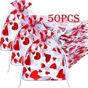 Uderwarb Valentine Day Candy Bags 50Pcs Heart Organza Valentine's Day Gift Bag for Wedding Festival Party, 8x10 cm