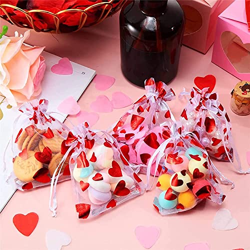 Uderwarb Valentine Day Candy Bags 50Pcs Heart Organza Valentine's Day Gift Bag for Wedding Festival Party, 8x10 cm