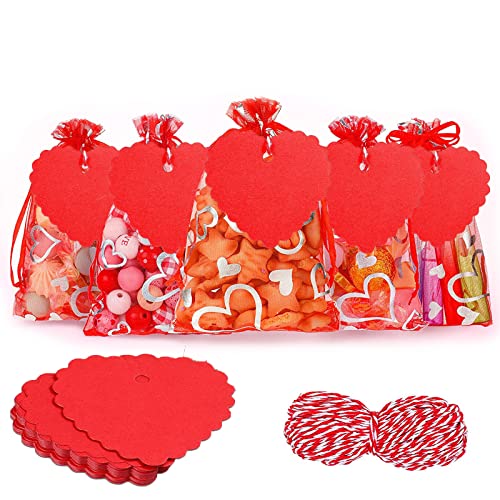 Ausejopeac 50 Pieces Heart Candy Bags Valentine's Day Love Organza Jewelry Pouch Bags and 50 Pieces Kraft Paper Tags for Valentine's Day, Jewelry Packaging, Wedding Party,9 x 12 cm