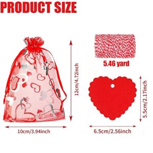 Ausejopeac 50 Pieces Heart Candy Bags Valentine's Day Love Organza Jewelry Pouch Bags and 50 Pieces Kraft Paper Tags for Valentine's Day, Jewelry Packaging, Wedding Party,9 x 12 cm
