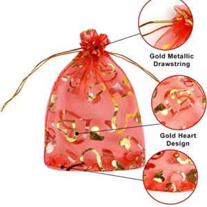 Ausejopeac 50 Pieces Heart Candy Bags Valentine's Day Love Organza Jewelry Pouch Bags and 50 Pieces Kraft Paper Tags for Valentine's Day, Jewelry Packaging, Wedding Party,9 x 12 cm