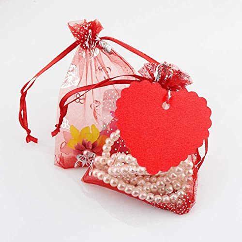 Ausejopeac 50 Pieces Heart Candy Bags Valentine's Day Love Organza Jewelry Pouch Bags and 50 Pieces Kraft Paper Tags for Valentine's Day, Jewelry Packaging, Wedding Party,9 x 12 cm