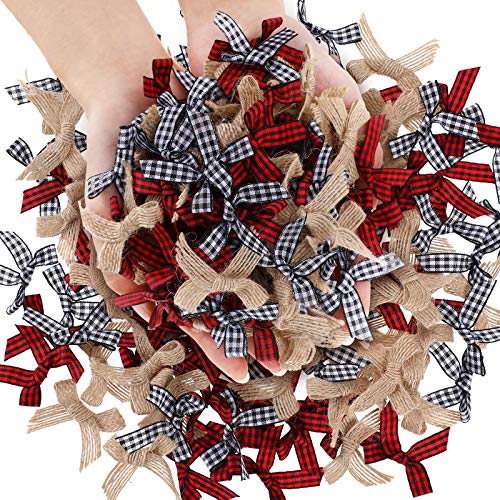 120 Pieces Christmas Mini Plaid Ribbon Bows Natural Burlap Bow Checkered Gingham Black Red Plaid Bow Black White Buffalo Plaid Bow and Handmade Burlap Bow for Christmas Tree DIY Crafts Home Decor