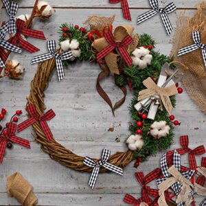 120 Pieces Christmas Mini Plaid Ribbon Bows Natural Burlap Bow Checkered Gingham Black Red Plaid Bow Black White Buffalo Plaid Bow and Handmade Burlap Bow for Christmas Tree DIY Crafts Home Decor