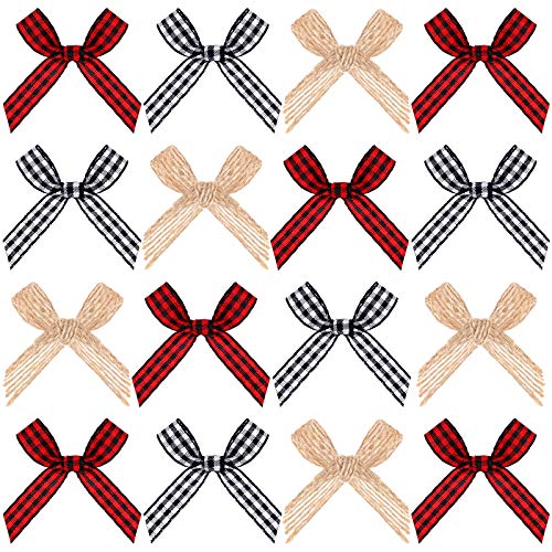 120 Pieces Christmas Mini Plaid Ribbon Bows Natural Burlap Bow Checkered Gingham Black Red Plaid Bow Black White Buffalo Plaid Bow and Handmade Burlap Bow for Christmas Tree DIY Crafts Home Decor