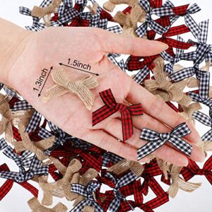 120 Pieces Christmas Mini Plaid Ribbon Bows Natural Burlap Bow Checkered Gingham Black Red Plaid Bow Black White Buffalo Plaid Bow and Handmade Burlap Bow for Christmas Tree DIY Crafts Home Decor