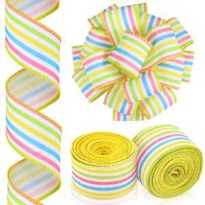 20 yard spring ribbon easter stripe wired ribbon burlap pastel stripe ribbon pink lime yellow white blue 2 rolls for spring diy craft baby shower gender reveal easter holiday decoration (1.5”)