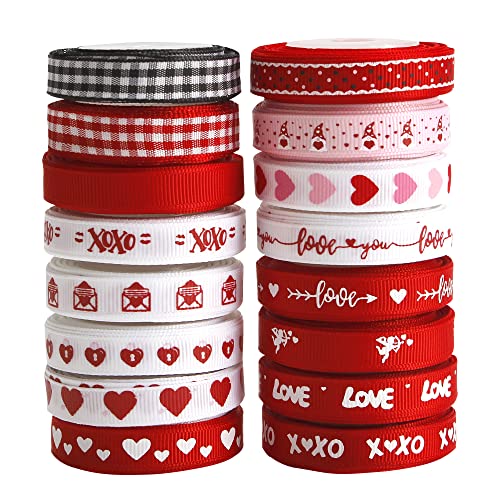 VATIN Valentine's Day Ribbons 3/8 Inch x 240Fts(16 Rolls x 15Ft) Valentine's Day Trims Grosgrain Ribbons Hearts Printed Ribbon for Valentine's Day Wedding Gift Wrapping DIY Crafts