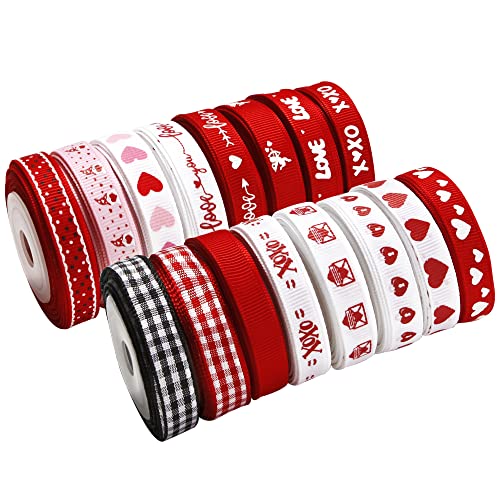 VATIN Valentine's Day Ribbons 3/8 Inch x 240Fts(16 Rolls x 15Ft) Valentine's Day Trims Grosgrain Ribbons Hearts Printed Ribbon for Valentine's Day Wedding Gift Wrapping DIY Crafts