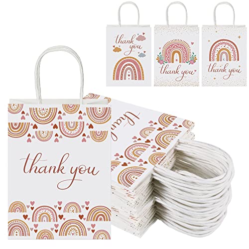 20 Pcs Rainbow Thank You Bags Boho Rainbow Thank Party Bags with Handles Goodie Treat Candy Paper Bags White Kraft Paper Bags Party Favor Bags for Wedding Birthday Baby Shower Party Favors