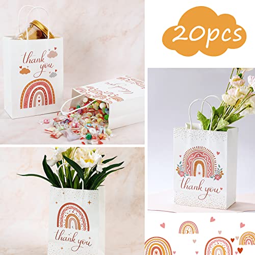 20 Pcs Rainbow Thank You Bags Boho Rainbow Thank Party Bags with Handles Goodie Treat Candy Paper Bags White Kraft Paper Bags Party Favor Bags for Wedding Birthday Baby Shower Party Favors