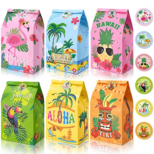 Whaline 24Pcs Hawaiian Tropical Gift Bags Wrapped Treat Bags with Tag Stickers Summer Vibes Party Favor Bags Aloha Candy Bags Kraft Paper Gift Bags for Summer Hula Party Supplies Gift Wrap