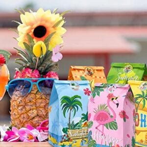 Whaline 24Pcs Hawaiian Tropical Gift Bags Wrapped Treat Bags with Tag Stickers Summer Vibes Party Favor Bags Aloha Candy Bags Kraft Paper Gift Bags for Summer Hula Party Supplies Gift Wrap