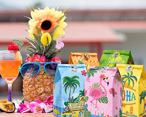 Whaline 24Pcs Hawaiian Tropical Gift Bags Wrapped Treat Bags with Tag Stickers Summer Vibes Party Favor Bags Aloha Candy Bags Kraft Paper Gift Bags for Summer Hula Party Supplies Gift Wrap