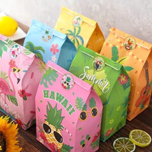 Whaline 24Pcs Hawaiian Tropical Gift Bags Wrapped Treat Bags with Tag Stickers Summer Vibes Party Favor Bags Aloha Candy Bags Kraft Paper Gift Bags for Summer Hula Party Supplies Gift Wrap