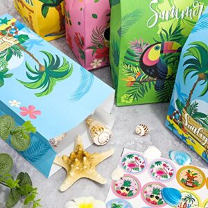 Whaline 24Pcs Hawaiian Tropical Gift Bags Wrapped Treat Bags with Tag Stickers Summer Vibes Party Favor Bags Aloha Candy Bags Kraft Paper Gift Bags for Summer Hula Party Supplies Gift Wrap