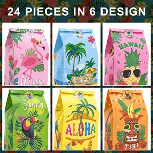 Whaline 24Pcs Hawaiian Tropical Gift Bags Wrapped Treat Bags with Tag Stickers Summer Vibes Party Favor Bags Aloha Candy Bags Kraft Paper Gift Bags for Summer Hula Party Supplies Gift Wrap