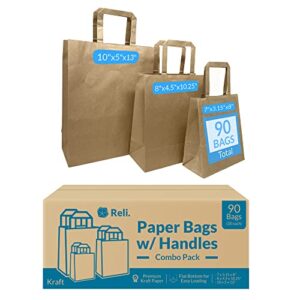 reli. 90 pack | assorted sizes kraft paper bags w/ handles | 7×3.15×8″ – 8×4.5×10.25″ – 10x5x13″ | 30 bags each size | paper bags combo pack | retail bags/shopping bags, gift bags