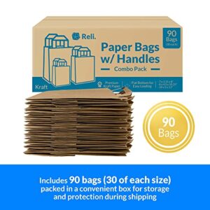 Reli. 90 Pack | Assorted Sizes Kraft Paper Bags w/ Handles | 7x3.15x8" - 8x4.5x10.25" - 10x5x13" | 30 Bags Each Size | Paper Bags Combo Pack | Retail Bags/Shopping Bags, Gift Bags