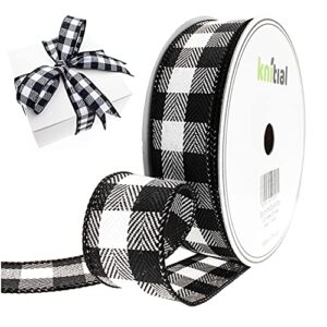 knitial wired buffalo plaid ribbon 1-1/2 inches x 25 yards black and white buffalo check ribbon for gift wrapping, crafts, and decorations