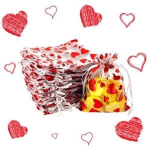 bnsikun 50pcs organza bags jewelry candy pouches sachet bags drawstring organza gift bags for wedding party valentines day baby shower christmas (red heart, 3.5 x 4.7 inch)