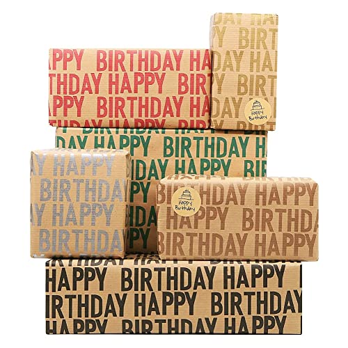 Happy Birthday Wrapping Paper For Boys Men Adults Women Kids Girls,Gift Wrapping Paper Recycled Kraft,19.7 x 27.6 inches Per Flat Sheet (12 sheets: 45 sq. ft. ttl.)With Jute Strings, Stickers,Tapes and Bows for Birthday Celebrate Occasions