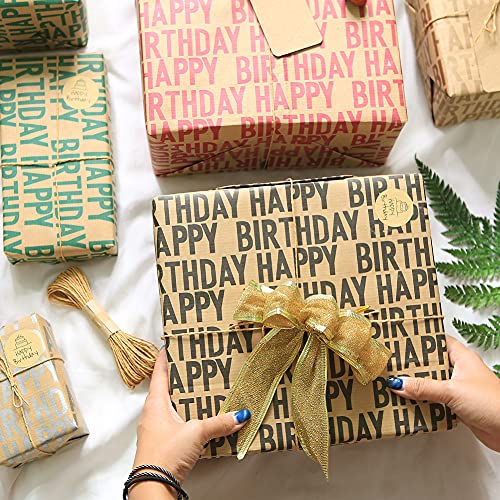 Happy Birthday Wrapping Paper For Boys Men Adults Women Kids Girls,Gift Wrapping Paper Recycled Kraft,19.7 x 27.6 inches Per Flat Sheet (12 sheets: 45 sq. ft. ttl.)With Jute Strings, Stickers,Tapes and Bows for Birthday Celebrate Occasions