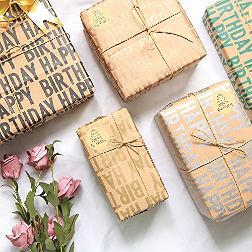 Happy Birthday Wrapping Paper For Boys Men Adults Women Kids Girls,Gift Wrapping Paper Recycled Kraft,19.7 x 27.6 inches Per Flat Sheet (12 sheets: 45 sq. ft. ttl.)With Jute Strings, Stickers,Tapes and Bows for Birthday Celebrate Occasions