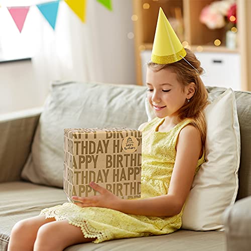 Happy Birthday Wrapping Paper For Boys Men Adults Women Kids Girls,Gift Wrapping Paper Recycled Kraft,19.7 x 27.6 inches Per Flat Sheet (12 sheets: 45 sq. ft. ttl.)With Jute Strings, Stickers,Tapes and Bows for Birthday Celebrate Occasions