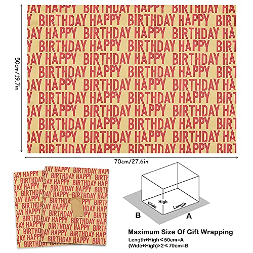Happy Birthday Wrapping Paper For Boys Men Adults Women Kids Girls,Gift Wrapping Paper Recycled Kraft,19.7 x 27.6 inches Per Flat Sheet (12 sheets: 45 sq. ft. ttl.)With Jute Strings, Stickers,Tapes and Bows for Birthday Celebrate Occasions