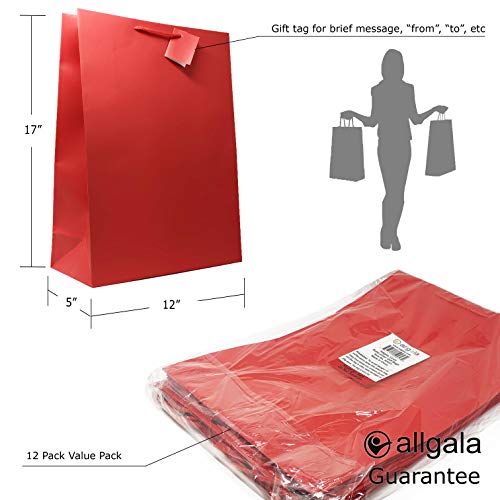 allgala 12PK Value Premium Solid Color Paper Gift Bags (17" XL-Red-GP50053)