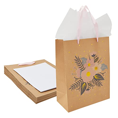 Juvale 12 Pack Kraft Paper Floral Gift Bags with Ribbon Handles + 20 Sheets Tissue Paper for Bridal Shower, Tea Party, Wedding Favors (10 x 13 In)