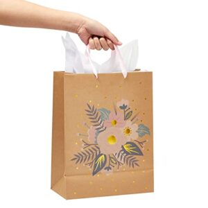 Juvale 12 Pack Kraft Paper Floral Gift Bags with Ribbon Handles + 20 Sheets Tissue Paper for Bridal Shower, Tea Party, Wedding Favors (10 x 13 In)