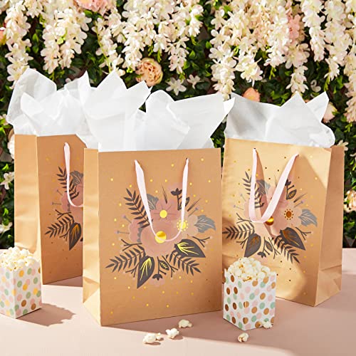 Juvale 12 Pack Kraft Paper Floral Gift Bags with Ribbon Handles + 20 Sheets Tissue Paper for Bridal Shower, Tea Party, Wedding Favors (10 x 13 In)