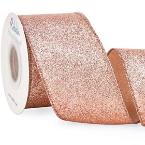 ribbli rose gold glitter wired ribbon,rose gold ribbon with metallic edge,christmas ribbon for wreath, chritmastree decoration, gift wrapping,home decor, 2-1/2 inch x 10 yards