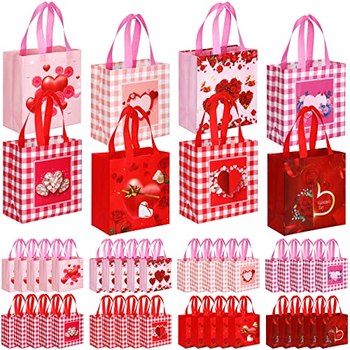 48 Pcs Valentines Day Gift Bags Valentines Day Reusable Treat Bags with Handles Valentines Day Goody Bags Valentines Non Woven Bags Waterproof Tote Bags for Gifts Wrapping Party Favor Supplies