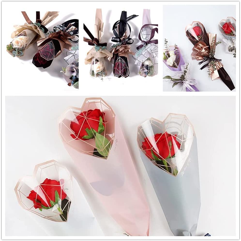 JOSON 24Pcs/6 color flower packaging bag single rose flower bag waterproof material simple diamond heart shape gift packaging