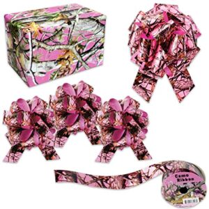 havercamp pink camo gift wrapping kit! this deluxe set includes: 1 lg. pack of wrapping paper (20 sq. feet), 3 (5”) gift bows, 1 (8”) gift bow, and 20 yards of ribbon.