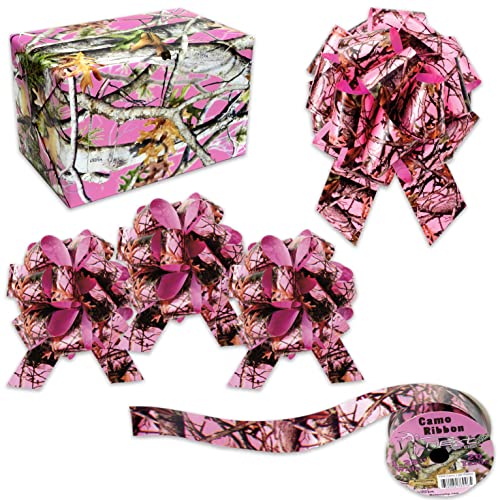 Havercamp Pink Camo Gift Wrapping Kit! This Deluxe set includes: 1 Lg. Pack of Wrapping Paper (20 sq. feet), 3 (5”) Gift Bows, 1 (8”) Gift Bow, and 20 Yards of Ribbon.