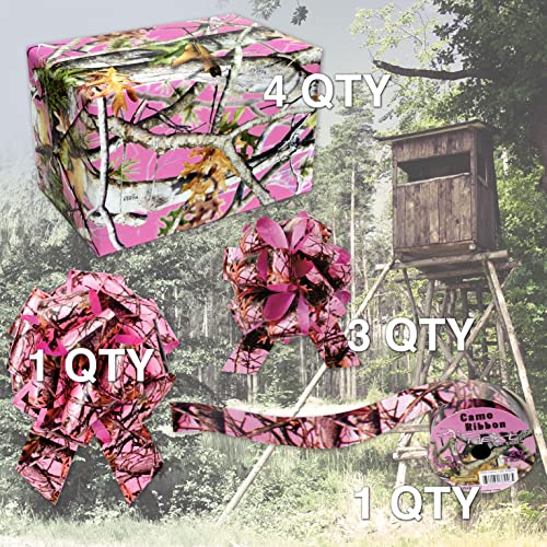 Havercamp Pink Camo Gift Wrapping Kit! This Deluxe set includes: 1 Lg. Pack of Wrapping Paper (20 sq. feet), 3 (5”) Gift Bows, 1 (8”) Gift Bow, and 20 Yards of Ribbon.